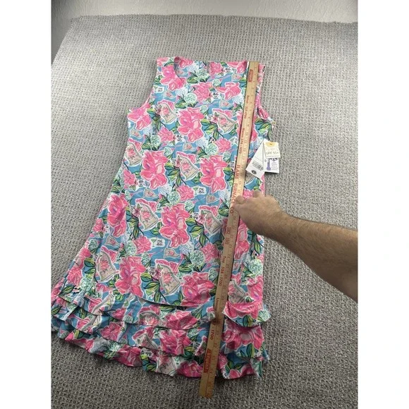 Lulu B Sleeveless Ruffle Trim Shift Dress Tropical Golf Hibiscus UPF50 Large NWT - Picture 6 of 10